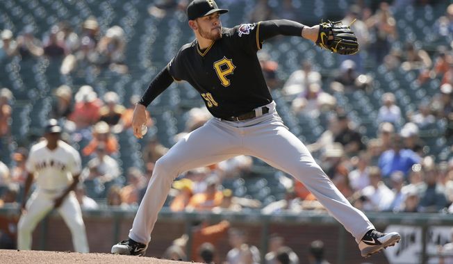 Pittsburgh Pirates starting pitcher Joe Musgrove works in the first inning of a baseball game against the San Francisco Giants, Thursday, Sept. 12, 2019, in San Francisco. (AP Photo/Eric Risberg)