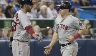 Boston Red Sox&#39;s Brock Holt comes in to score on a single by Xander Bogaerts during the seventh inning against the Toronto Blue Jays in a baseball game Thursday, Sept. 12, 2019, in Toronto. (Fred Thornhill/The Canadian Press via AP)