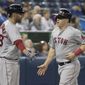 Boston Red Sox&#39;s Brock Holt comes in to score on a single by Xander Bogaerts during the seventh inning against the Toronto Blue Jays in a baseball game Thursday, Sept. 12, 2019, in Toronto. (Fred Thornhill/The Canadian Press via AP)