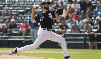 Chicago White Sox starting pitcher Lucas Giolito delivers during the first inning of a baseball game against the Kansas City Royals Thursday, Sept. 12, 2019, in Chicago. (AP Photo/Charles Rex Arbogast)