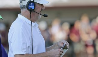 Mississippi State head coach Joe Moorhead watches the game against Southern Miss. from the sideline during the second half of an NCAA college football game Saturday, Sept. 7, 2019, in Starkville, Miss. (AP Photo/Jim Lytle)