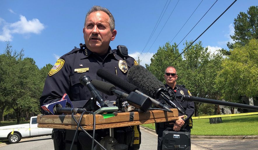 Acting Tallahassee Police Chief Steven Outlaw briefs reporters in Tallahassee, Fla., Wednesday, Sept. 11, 2019, hours after police say a 41-year-old man stabbed five co-workers at a business that supplies doors and windows to residential and commercial customers. (AP Photo/Bobby Caina Calvan)