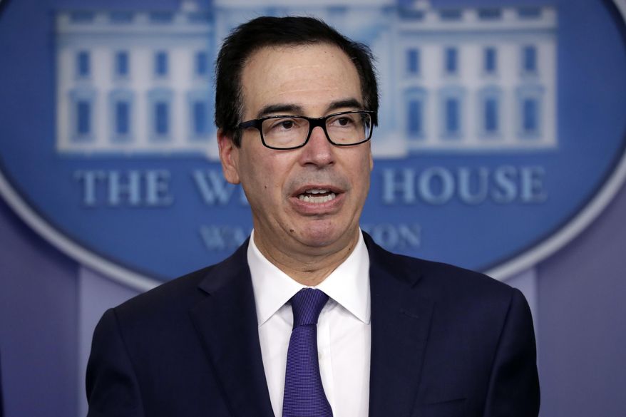 In this file photo, Treasury Secretary Steve Mnuchin speaks during a briefing on terrorism financing at the White House, Tuesday, Sept. 10, 2019, in Washington. On Sept. 30, 2019, Mr. Mnuchin announced the Treasury Department had placed sanctions on Russia's Internet Research Agency over its attempts to meddle in the 2018 U.S. congressional elections (AP Photo/Evan Vucci) **FILE**