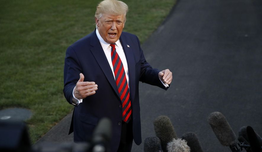 President Donald Trump speaks with reporters before departing on Marine One from the South Lawn of the White House, Thursday, Sept. 12, 2019, in Washington. Trump is en route to Baltimore. (AP Photo/Patrick Semansky)