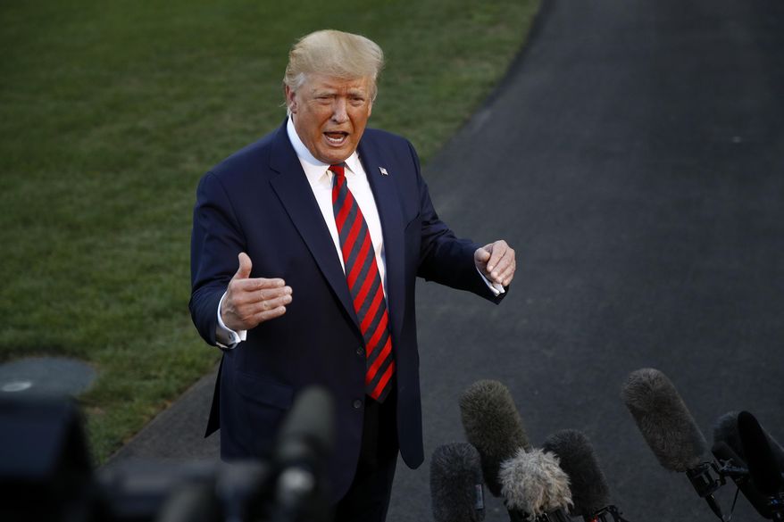 President Donald Trump speaks with reporters before departing on Marine One from the South Lawn of the White House, Thursday, Sept. 12, 2019, in Washington. Trump is en route to Baltimore. (AP Photo/Patrick Semansky)