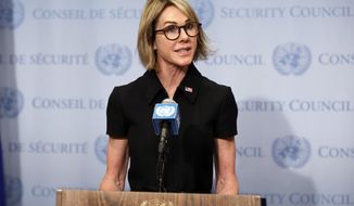 New U.S. Ambassador Kelly Craft talks to the media after attending her first Security Council meeting, at United Nations headquarters, Thursday, Sept. 12, 2019. (AP Photo/Richard Drew)
