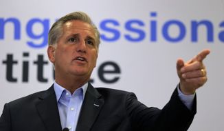 House Minority Leader Kevin McCarthy R-Calif., speaks during a news conference at the 2019 House Republican Conference Member Retreat in Baltimore, Friday, Sept. 13, 2019. (AP Photo/Jose Luis Magana) ** FILE **