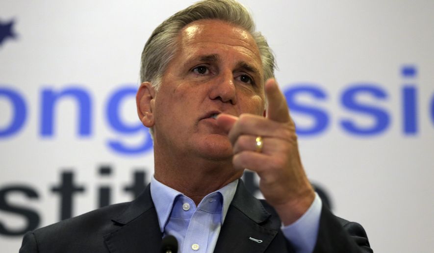 House Minority Leader Kevin McCarthy R-Calif., speaks during a news conference at the 2019 House Republican Conference Member Retreat in Baltimore, Friday, Sept. 13, 2019. (AP Photo/Jose Luis Magana)