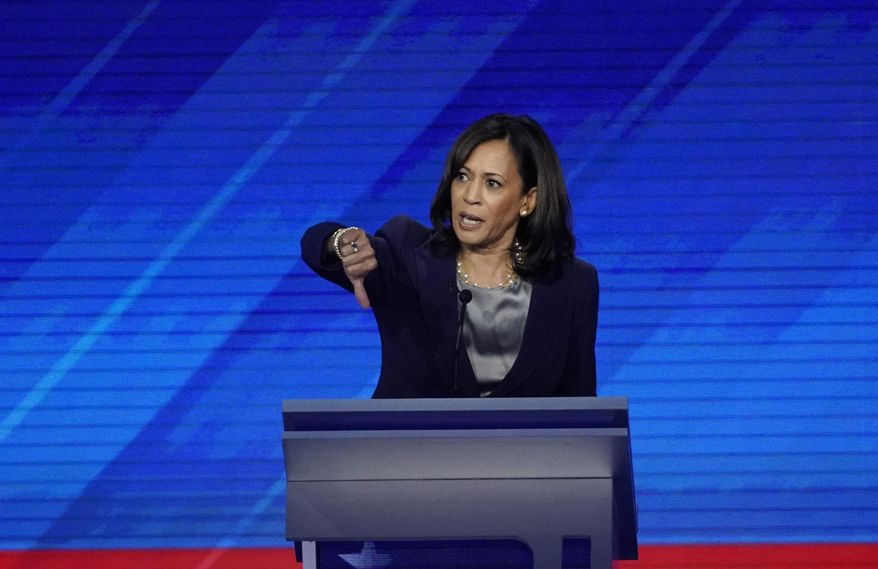 Sen. Kamala Harris, D-Calif., responds to a question Thursday, Sept. 12, 2019, during a Democratic presidential primary debate hosted by ABC at Texas Southern University in Houston. (AP Photo/David J. Phillip)