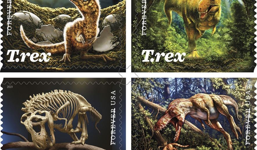 This photo provided by the U.S. Postal Service shows the Tyrannosaurus Rex Forever Stamps. A federal appeals court in Washington has thrown out a 5-cent hike to the price of a first class “Forever Stamp” along with other adjustments made in January to the price of first-class mail, (U.S. Postal Service via AP)