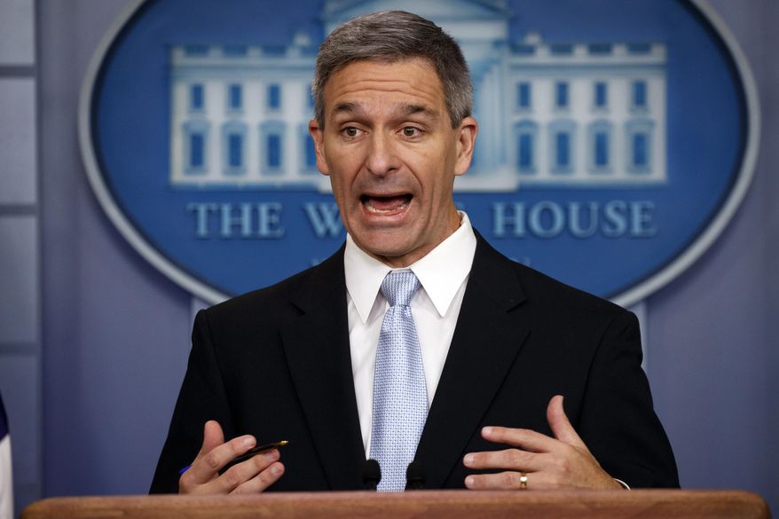 In this Aug. 12, 2019, file photo, acting Director of United States Citizenship and Immigration Services Ken Cuccinelli speaks during a briefing at the White House, Monday, Aug. 12, 2019, in Washington. (AP Photo/Evan Vucci, File)