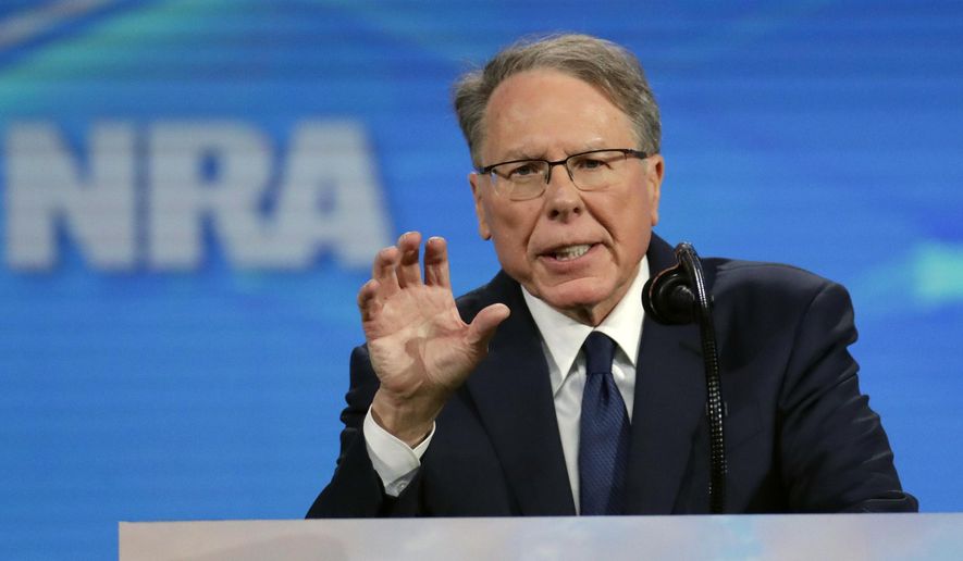 In this Friday, April 26, 2019, file photo, National Rifle Association Executive Vice President Wayne LaPierre speaks at the National Rifle Association Institute for Legislative Action Leadership Forum in Lucas Oil Stadium in Indianapolis. (AP Photo/Michael Conroy) **FILE**