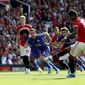 Manchester United&#x27;s Marcus Rashford scores his side&#x27;s first goal of the game from the penalty spot during the English Premier League soccer match between Manchester United and Leicester City at Old Trafford Stadium, Manchester England. Saturday, Sept. 14 2019 (Martin Rickett/PA via AP)