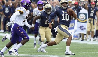 Navy quarterback Malcolm Perry runs in the first half of an NCAA college football game against East Carolina  Saturday, Sept. 14, 2019,  in Annapolis, M.D.  (Paul W. Gillespie/The Baltimore Sun via AP)