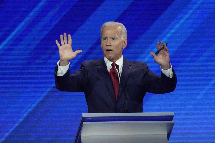 Democratic presidential candidate former Vice President Joe Biden answers a question Thursday, Sept. 12, 2019, during a Democratic presidential primary debate hosted by ABC at Texas Southern University in Houston. (AP Photo/David J. Phillip) ** FILE **
