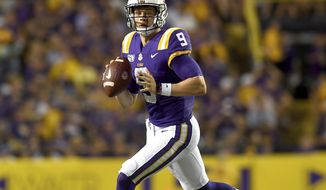 LSU quarterback Joe Burrow (9) looks for a receiver in the first half of an NCAA college football game against Northwestern State, Saturday, Sept. 14, 2019, in Baton Rouge, La. (AP Photo/Patrick Dennis)