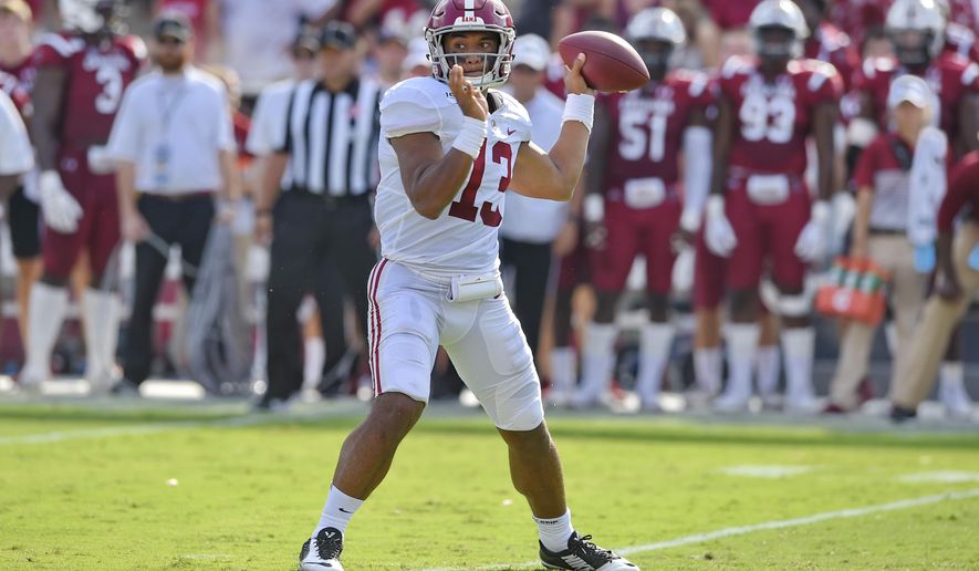 Alabama's during the first half of an NCAA college football game against South Carolina Saturday, Sept. 14, 2019, in Columbia, S.C. (AP Photo/Richard Shiro)