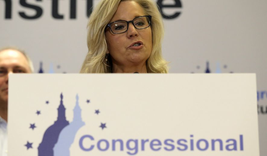 Rep. Liz Cheney, R-Wyo., speaks at a news conference at the 2019 House Republican Conference Member Retreat in Baltimore, Friday, Sept. 13, 2019. (AP Photo/Jose Luis Magana)