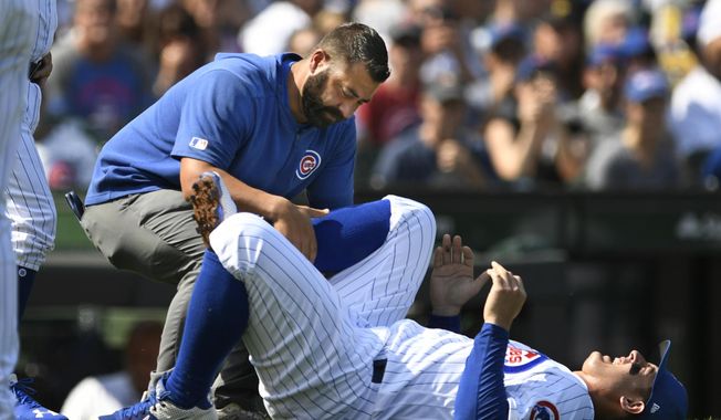 Chicago Cubs&#x27; Anthony Rizzo is tended to after spraining his ankle during the third inning of a baseball game against the Pittsburgh Pirates Sunday, Sept. 15, 2019, in Chicago. (AP Photo/Paul Beaty)