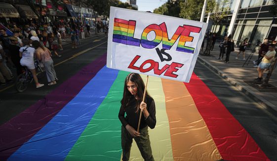 A participant holds a banner during the annual gay pride in Belgrade, Serbia, Sunday, Sept. 15, 2019. (AP Photo/Darko Vojinovic)