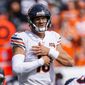 Chicago Bears quarterback Mitchell Trubisky signals during an NFL football game between the Denver Broncos and the Chicago Bears, Sunday, Sept. 15, 2019, in Denver. (AP Photo/Jack Dempsey)