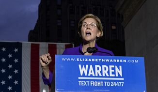 Democratic presidential candidate U.S. Sen. Elizabeth Warren addresses supporters at a rally Monday, Sept. 16, 2019, in New York. (AP Photo/Craig Ruttle)