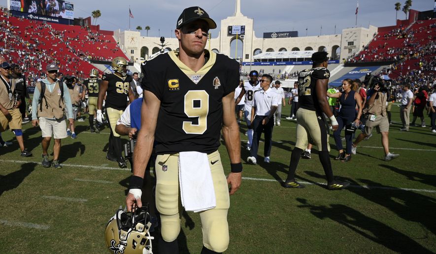 New Orleans Saints quarterback Drew Brees walks off the field after the Saints were defeated by the Los Angeles Rams 27-9 in an NFL football game Sunday, Sept. 15, 2019, in Los Angeles. (AP Photo/Mark J. Terrill)