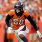 Denver Broncos outside linebacker Von Miller (58) runs a play against the Chicago Bears during the second half of an NFL football game, Sunday, Sept. 15, 2019, in Denver. (AP Photo/Jack Dempsey)