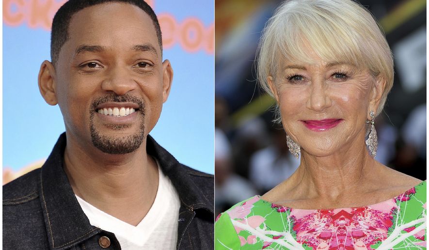 This combination photo shows Will Smith at the Nickelodeon Kids' Choice Awards in Los Angeles on March 23, 2019, left, and Helen Mirren at a special screening of "Fast & Furious: Hobbs & Shaw," in London on July 23, 2019. Smith and Mirren will read a bedtime story during a one-night fundraising event to help fight global homelessness. They will each tell their story from different locations during the World’s Big Sleep Out on Dec. 7. The campaign will encourage people in 50 cities globally to sleep outside for a night in hopes of raising $50 million for the charity. (AP Photo)
