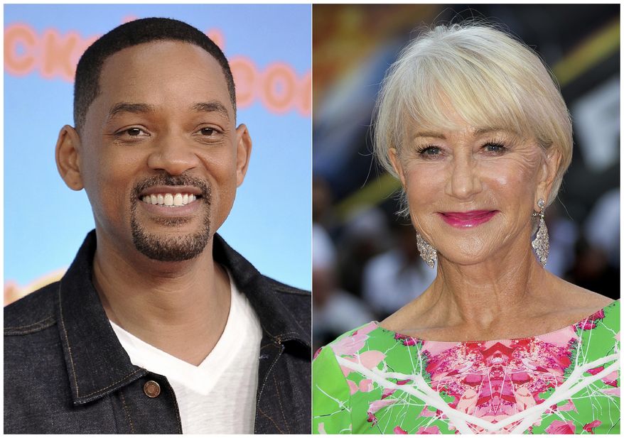 This combination photo shows Will Smith at the Nickelodeon Kids' Choice Awards in Los Angeles on March 23, 2019, left, and Helen Mirren at a special screening of "Fast & Furious: Hobbs & Shaw," in London on July 23, 2019. Smith and Mirren will read a bedtime story during a one-night fundraising event to help fight global homelessness. They will each tell their story from different locations during the World’s Big Sleep Out on Dec. 7. The campaign will encourage people in 50 cities globally to sleep outside for a night in hopes of raising $50 million for the charity. (AP Photo)