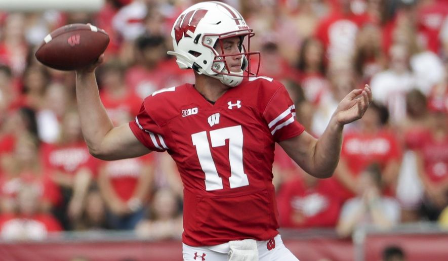 Wisconsin's Jack Coan throws during the first half of an NCAA college football game against Central Michigan Saturday, Sept. 7, 2019, in Madison, Wis. (AP Photo/Morry Gash)