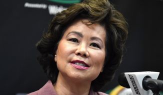 FILE - In this July 13, 2019, file photo, Transportation Secretary Elaine Chao addresses the media before the NASCAR series auto race at Kentucky Speedway in Sparta, Ky. The House Oversight Committee says it is investigating whether Chao acted improperly to benefit herself or her family’s shipping company.  (AP Photo/Timothy D. Easley, File)