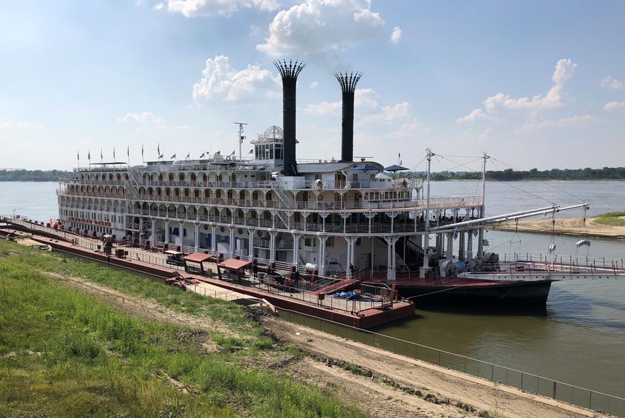This photo shows the American Queen steamboat docked on the Mississippi River in Memphis, Tenn., Monday, Sept. 16, 2019, where a U.S. Geological Survey nutrient sensor was installed to measure nutrient levels and water quality along the Mississippi River. The data-gathering sensor attached to the steamboat will give scientists and cities a better understanding of water quality along the entire span of the Mississippi River, officials said Monday. (AP Photo/Adrian Sainz)