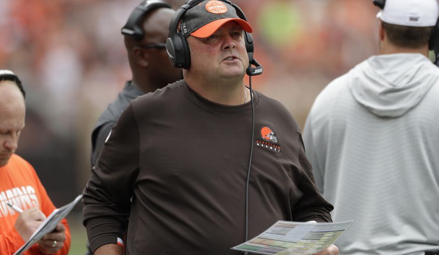 Cleveland Browns head coach Freddie Kitchens watches during the first half in an NFL football game against the Tennessee Titans, Sunday, Sept. 8, 2019, in Cleveland. (AP Photo/Ron Schwane)