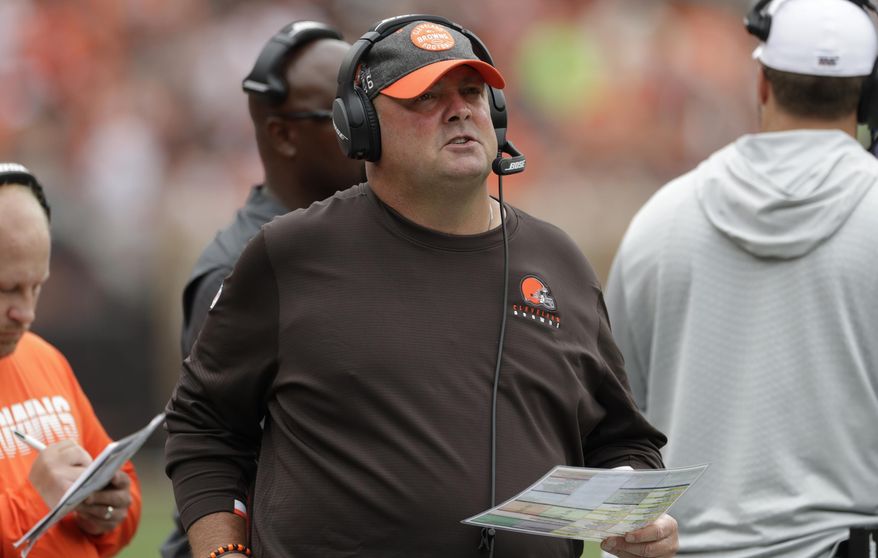 Cleveland Browns head coach Freddie Kitchens watches during the first half in an NFL football game against the Tennessee Titans, Sunday, Sept. 8, 2019, in Cleveland. (AP Photo/Ron Schwane)