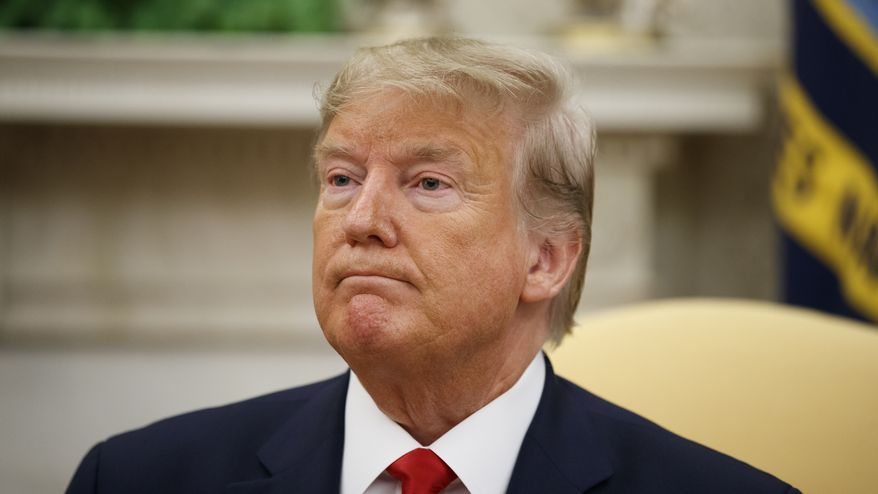 President Donald Trump pauses while speaking during a meeting with Bahrain&#39;s Crown Prince Salman bin Hamad Al Khalifa in the Oval Office of the White House, Monday, Sept. 16, 2019, in Washington. (AP Photo/Alex Brandon)