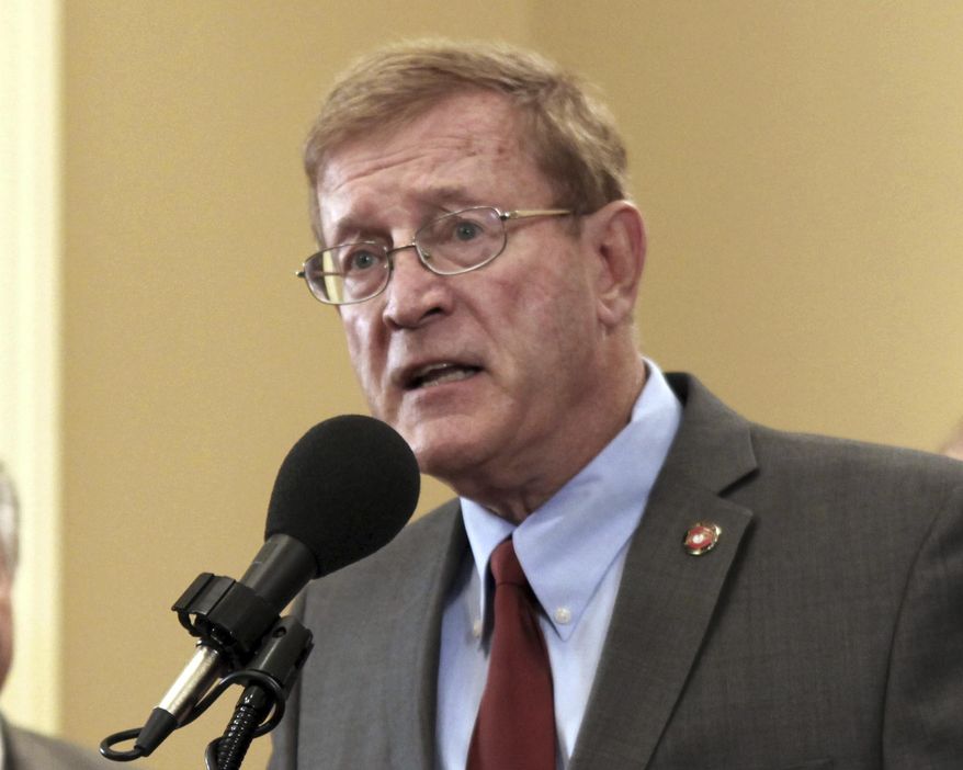 FILE - In this March 15, 2012 file photo, then-Assemblyman Paul Cook, R-Yucca Valley, speaks at a Capitol news conference in Sacramento, Calif. Cook, now the incumbent 8th District Congressman, announced, Tuesday Sept. 17, 2019 that he will not run for re-election to Congress next year, opting to run for a seat on the San Bernardino County Board of Supervisors in 2020.(AP Photo/Rich Pedroncelli, File)