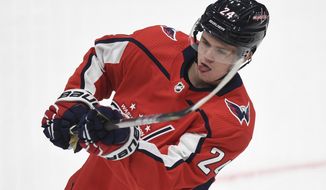 FILE - In this Sept. 16, 2019, file photo, Washington Capitals forward Connor McMichael (24) skates during warm ups before the start of an NHL preseason hockey game against the Chicago Blackhawks in Washington. Evgeny Kunzetsov’s suspension for inappropriate conduct could open the door to the youngest player in Washington Capitals training camp. Kuznetsov will miss the first three games of the regular season, so the Capitals will need to fill a gaping void in the middle of the ice behind centers Nicklas Backstrom and Lars Eller. First-round pick Connor McMichael could be a year or two away from full-time NHL duty but has the chance to earn a brief tryout with Washington.(AP Photo/Susan Walsh, File)