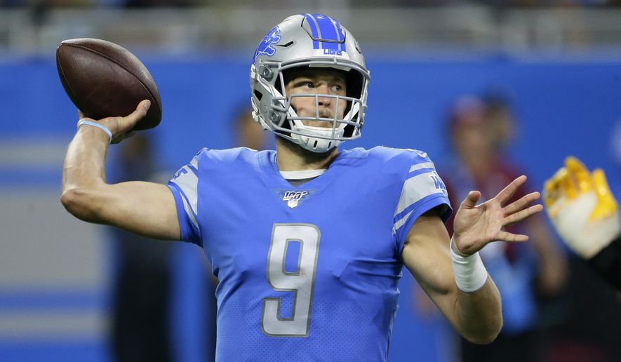 Detroit Lions quarterback Matthew Stafford (9) throws in the first half of an NFL football game against the Los Angeles Chargers in Detroit, Sunday, Sept. 15, 2019. (AP Photo/Duane Burleson)