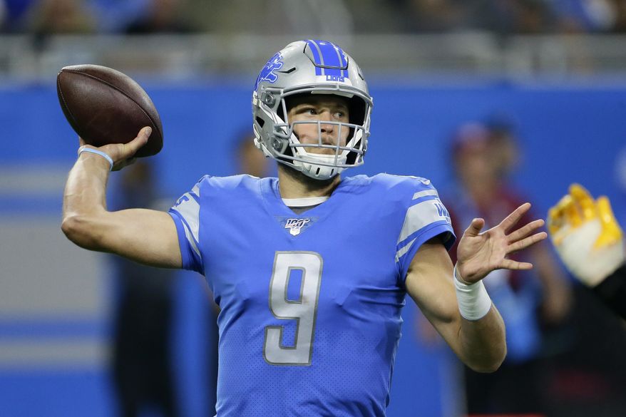 Detroit Lions quarterback Matthew Stafford (9) throws in the first half of an NFL football game against the Los Angeles Chargers in Detroit, Sunday, Sept. 15, 2019. (AP Photo/Duane Burleson)