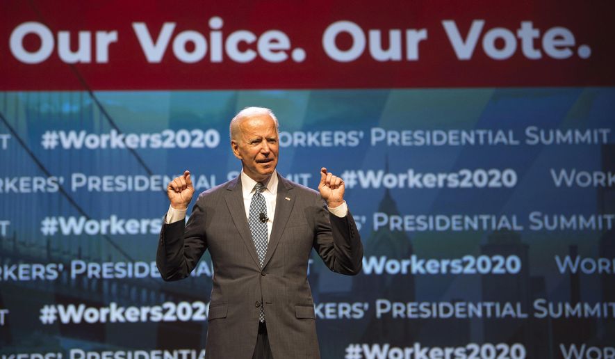 Democratic presidential candidate former Vice President Joe Biden speaks at the first-ever &amp;quot;Workers&#x27; Presidential Summit&amp;quot; at the Convention Center in Philadelphia, Tuesday, Sept. 17, 2019. The Philadelphia Council of the AFL-CIO hosted the event. (Tom Gralish/The Philadelphia Inquirer via AP)