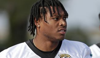 FILE - In this June 11, 2019, file photo, Jacksonville Jaguars cornerback Jalen Ramsey walks to the field for an NFL football practice in Jacksonville, Fla. Two-time Pro Bowl cornerback Jalen Ramsey has requested a trade following a sideline argument with Jacksonville Jaguars coach Doug Marrone. The Jags are willing to entertain offers. Ramsey&#39;s agent asked the Jags to move the disgruntled defender after Ramsey and Marrone got into a heated exchange during the team&#39;s 13-12 loss at Houston, according to a person with knowledge of the situation.The person spoke to The Associated Press on the condition of anonymity Monday, Sept. 17, 2019, because neither Ramsey nor the team had made the request public. (AP Photo/John Raoux, File)