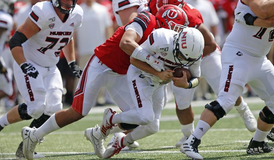 Utah defensive end Bradlee Anae, left, sacks Northern Illinois quarterback Ross Bowers, right, in the second half of an NCAA college football game Saturday, Sept. 9, 2019, Salt Lake City. (AP Photo/Rick Bowmer)