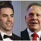 This combination of photos shows actor-comedian Sacha Baron Cohen at the Vanity Fair Oscar Party in Beverly Hills, Calif. on March 4, 2018, left, and former Alabama Chief Justice and then U.S. Senate candidate Roy Moore at a news conference in Birmingham, Ala., on Nov. 16, 2017. Cohen is asking a federal judge to dismiss Roy Moore’s defamation lawsuit over a 2018 television segment of &amp;quot;Who is America?&amp;quot; Lawyers for Cohen, Showtime Networks and CBS wrote last week in a court filing that Moore signed an agreement waiving all legal claims before appearing on the segment. They also said the segment was satire and is protected under the First Amendment. (AP Photo)