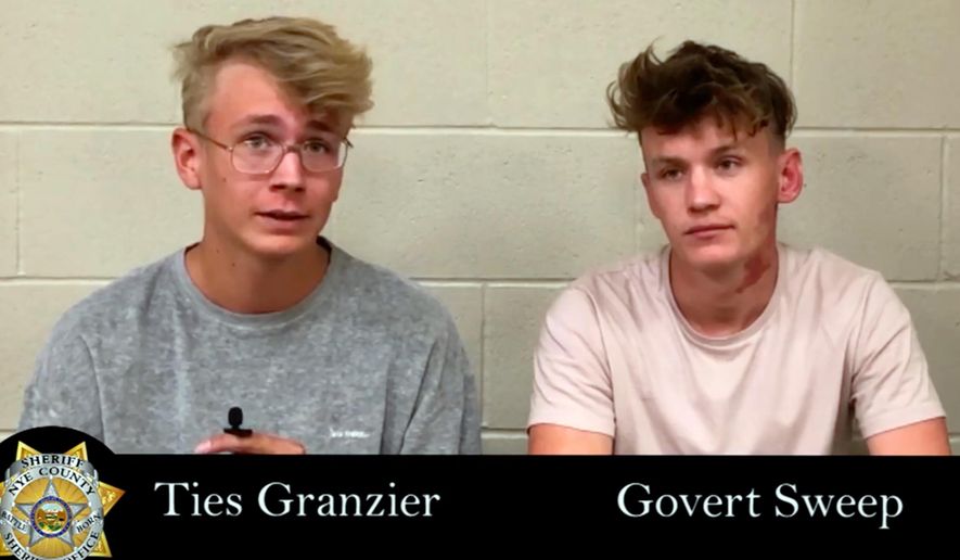 This image taken from video posted by the Nye County Sheriff's Office on Tuesday, Sept. 17, 2019, shows a recorded police interview with Dutch tourists Ties Granzier, left, and Govert Sweep, in the Nye County Jail in Pahrump, Nev. The pair, who wanted to take video of Area 51, have pleaded guilty to misdemeanor trespass and illegal parking following their arrests at the secure U.S. government site in Nevada. A judge on Monday, Sept. 16, 2019 sentenced both to three days in jail and fined them $2,280 apiece. Sweep and Granzier say they'll return to the Netherlands after their expected release Thursday. (Nye County Sheriff's Office via AP)