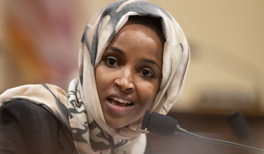 House Subcommittee on Intelligence and Counterterrorism member Rep. Ilhan Omar, D-Minn., speaks during a hearing on &quot;meeting the challenge of white nationalist terrorism at home and abroad&quot; on Capitol Hill in Washington, Wednesday, Sept. 18, 2019. (AP Photo/Manuel Balce Ceneta)