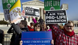 In this Jan. 18, 2019, file photo, anti-abortion activists protest outside of the U.S. Supreme Court, during the March for Life in Washington. The number and rate of abortions across the United States have plunged to their lowest levels since the procedure became legal nationwide in 1973, according to new figures released Wednesday, Sept. 18.  (AP Photo/Jose Luis Magana, File)