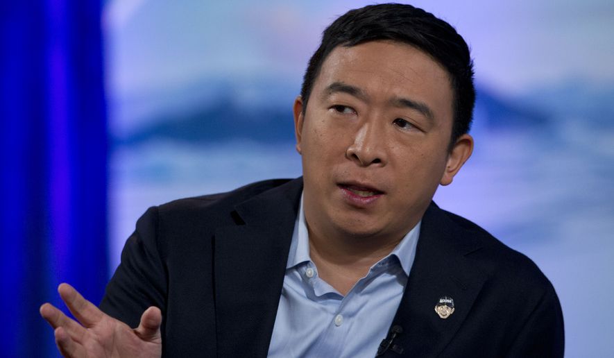 Democratic presidential candidate entrepreneur Andrew Yang speaks during the Climate Forum at Georgetown University, Thursday, Sept. 19, 2019, in Washington. (AP Photo/Jose Luis Magana) ** FILE **