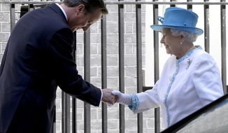 FILE - In this Tuesday, July 24, 2012 file photo, Britain&#39;s Queen Elizabeth II is greeted by Britain&#39;s Prime Minister David Cameron, as she arrives for lunch at Downing Street in London. Former Prime Minister David Cameron said Thursday Sept. 19, 2019, that he asked Queen Elizabeth II to help the pro-“remain” side in Scotland’s 2014 independence referendum. (AP Photo/Kirsty Wigglesworth, File)