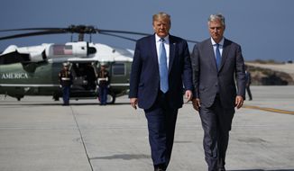 President Donald Trump and new National security adviser Robert O&#39;Brien walk to talk with reporters before boarding Air Force One at Los Angeles International Airport, Wednesday, Sept. 18, 2019, in Los Angeles. (AP Photo/Evan Vucci)
